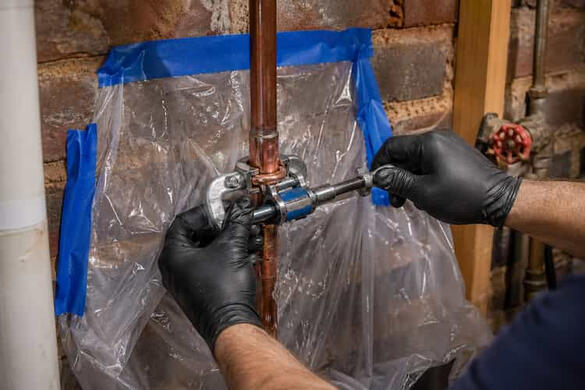 Emergency Burst Pipe Repair Columbus OH Professional hands repairing a copper water pipe leak in a residential basement to prevent home water damage.