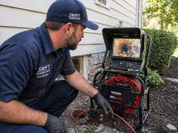 Sewer Line Camera Inspection and Repair A plumbing technician using a professional diagnostic camera to inspect a sewer line for blocks and backups.