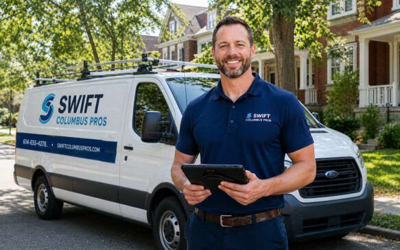 Emergency Plumber in Columbus, OH | 24/7 Professional Service A professional Columbus plumber standing in front of a service van in a local neighborhood, representing 24/7 emergency repair services.
